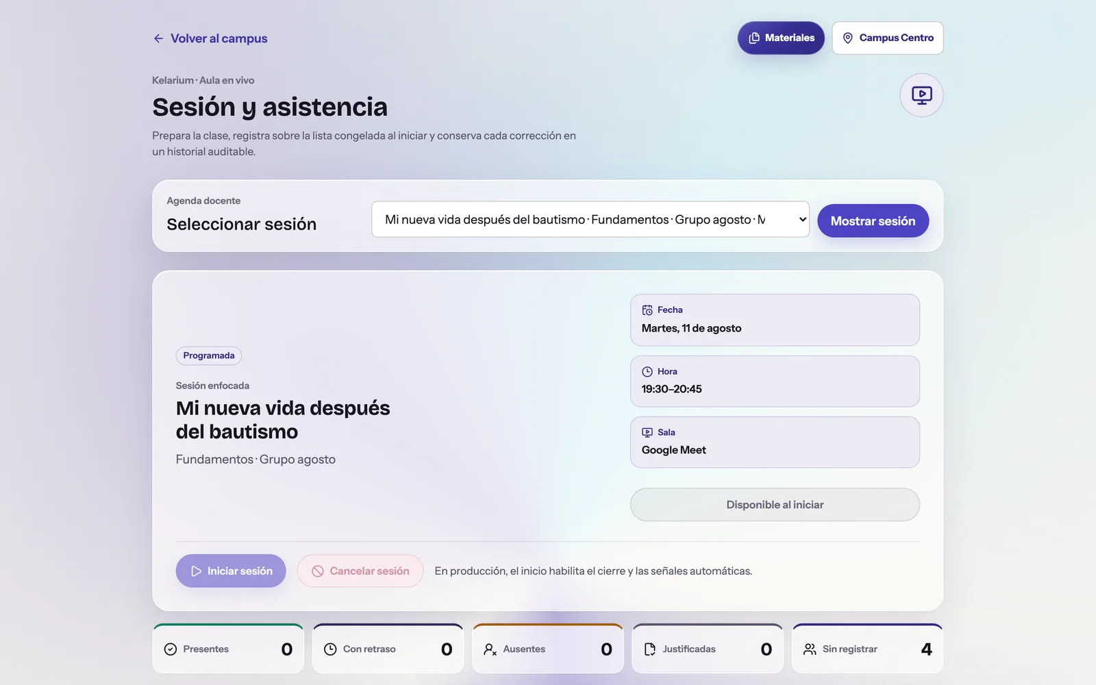 Pantalla de docencia de Kelarium con la sesión del día, los grupos asignados y el acceso a materiales y asistencia.
