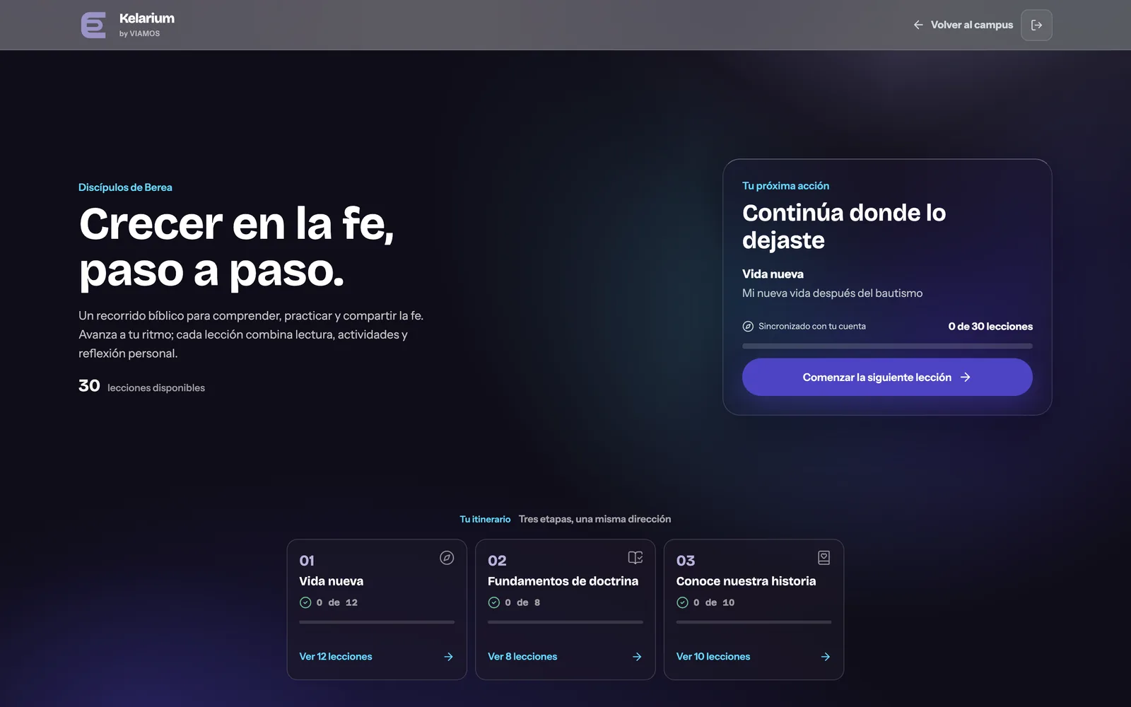 Pantalla de formación del alumno en Kelarium: el titular «Crecer en la fe, paso a paso», una tarjeta de vidrio con la próxima lección y el progreso, y las tres etapas del itinerario con su avance.